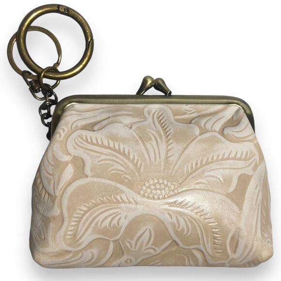 Patricia Nash Borse Beige Embossed Genuine Leather Kiss Lock Coin Wallet Purse - Picture 3 of 9